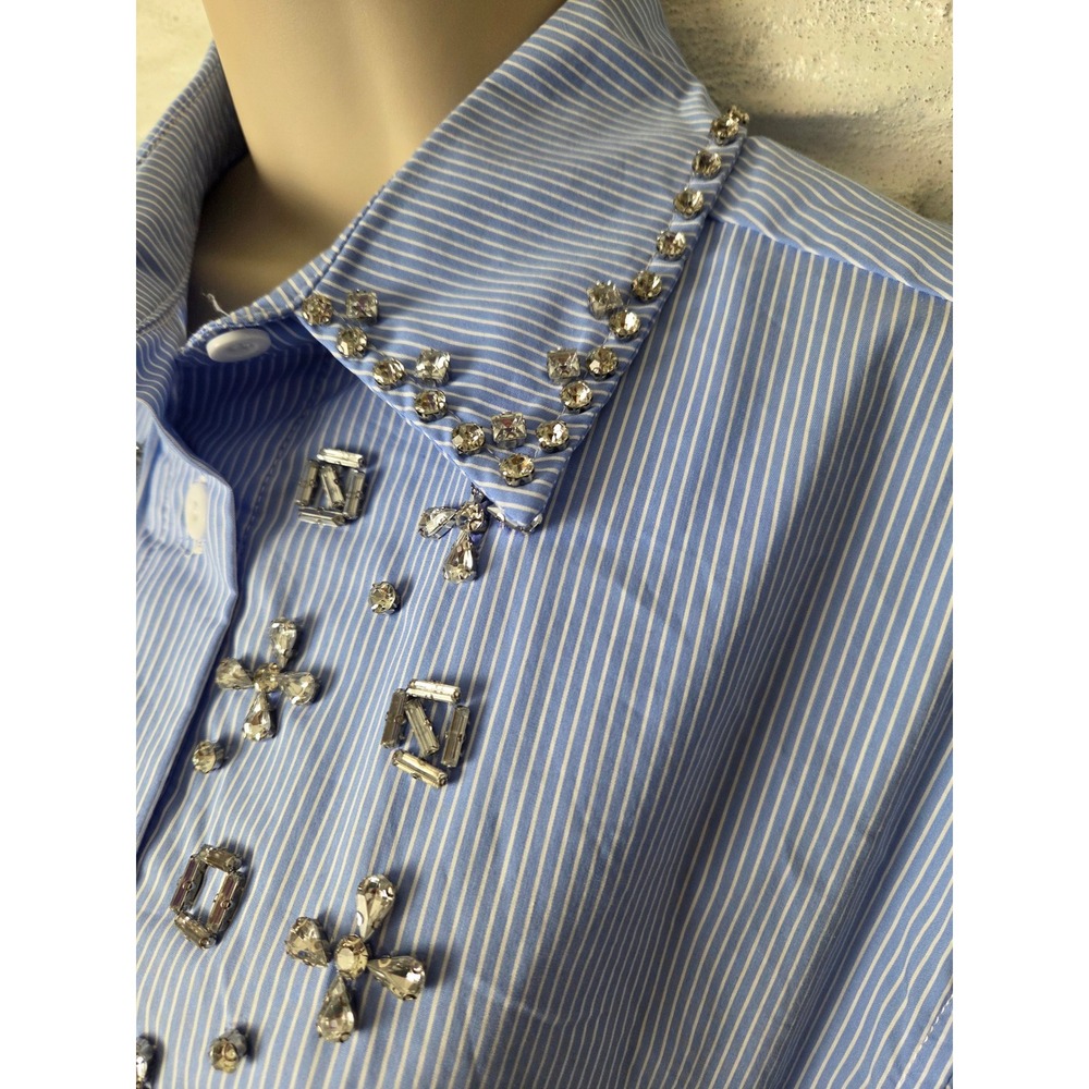 Western Women's blouse Sz Small BLUE B l/s Jewels Blue Pinstripe Button up NWT - Picture 4 of 13